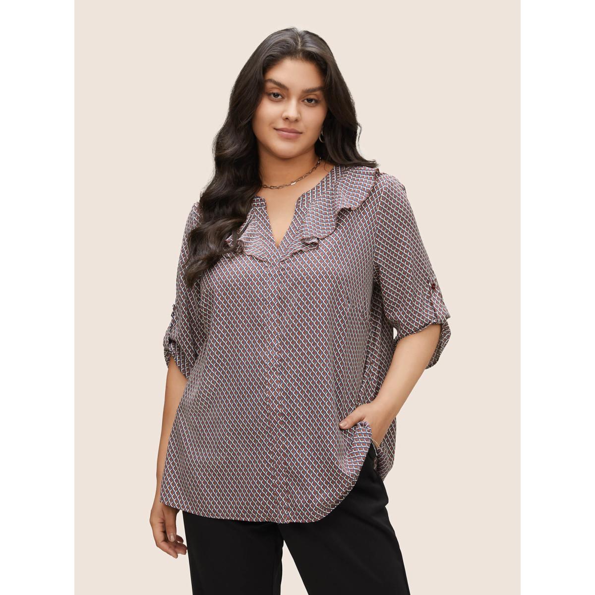 Plus Size Indigo Gingham Ruffle Trim Tab Sleeve Blouse Women At the Office Elbow-length sleeve V-neck Work Blouses BloomChic 26/4X Product Image