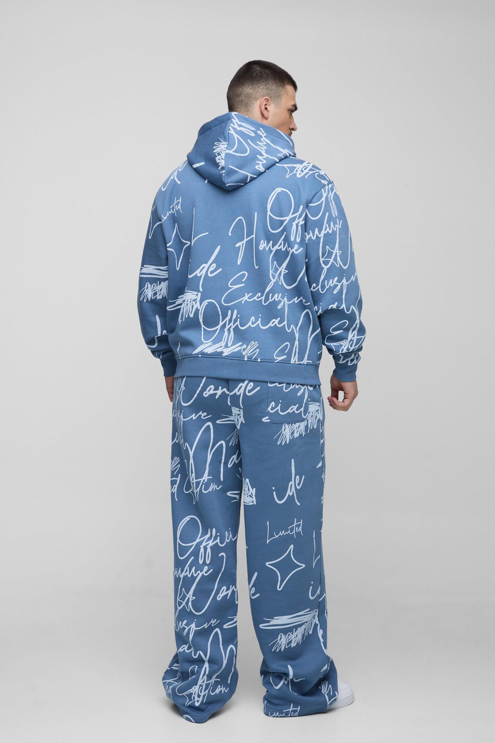 Tall Oversized Boxy Graffiti Hooded Wide Leg Tracksuit | boohooMAN USA Product Image