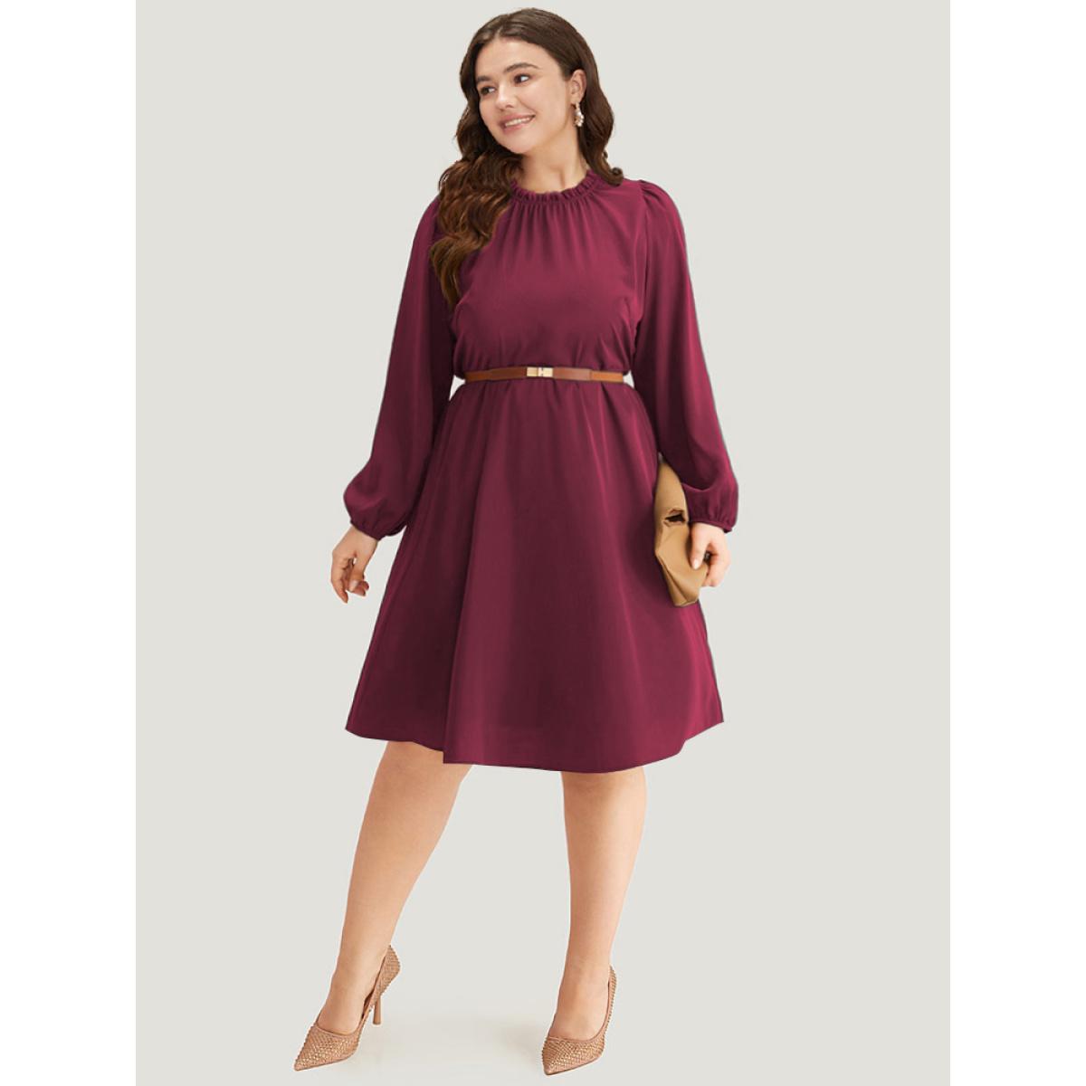 Plus Size Anti-Wrinkle Frill Trim Elastic Cuffs Dress DarkGreen Women Office Elastic cuffs Mock Neck Long Sleeve Curvy Midi Dress BloomChic 10/M Product Image