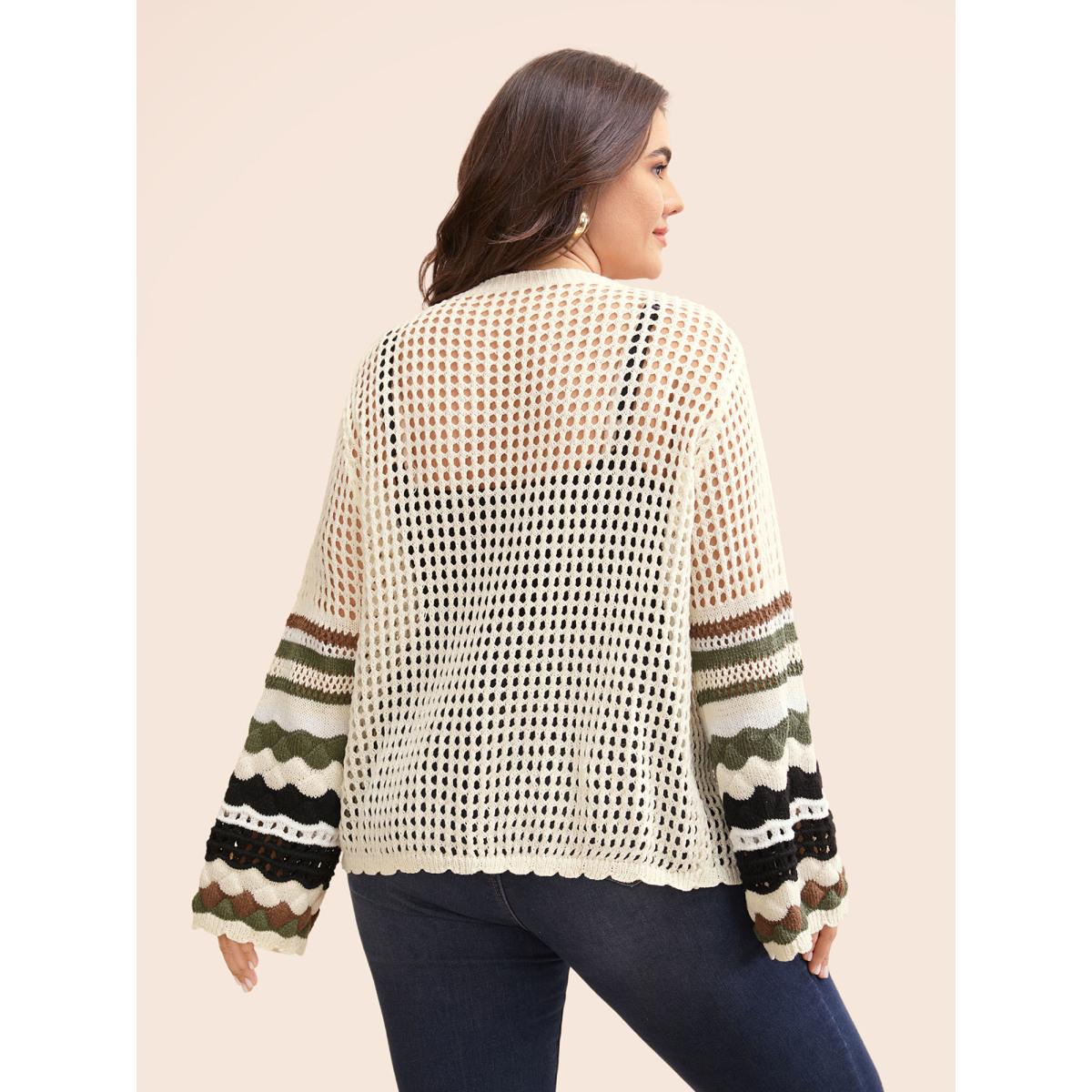Plus Size Striped Cut Out Bell Sleeve Cardigan Beige Women Leisure Loose Three Quarter Length Sleeve Casual Cardigans BloomChic 10/M Product Image