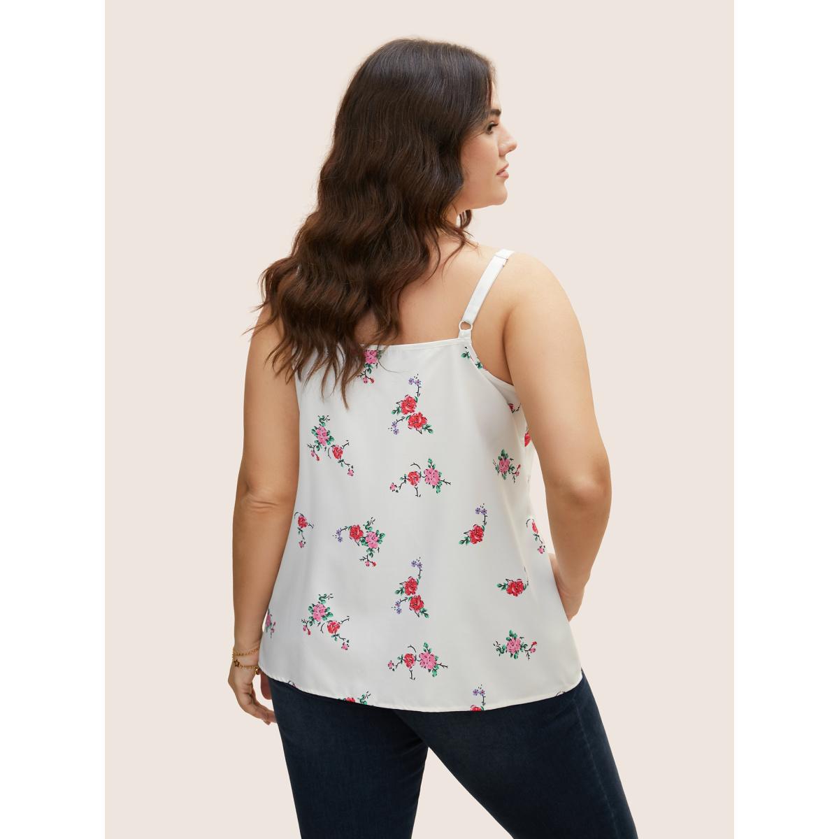 Plus Size Floral Print Patchwork Cut Out Cami Top Women Originalwhite Elegant Contrast Non Everyday Tank Tops Camis BloomChic 10/M Product Image
