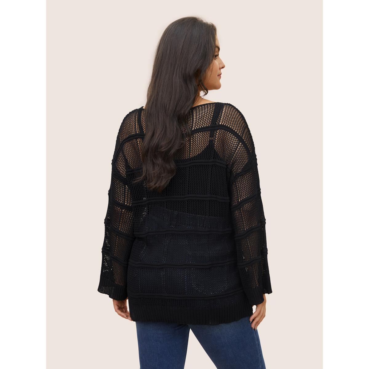 Plus Size Striped Hollow Out Bell Sleeve Pullover Black Women Casual Long Sleeve Round Neck Everyday Pullovers BloomChic 30/6X Product Image