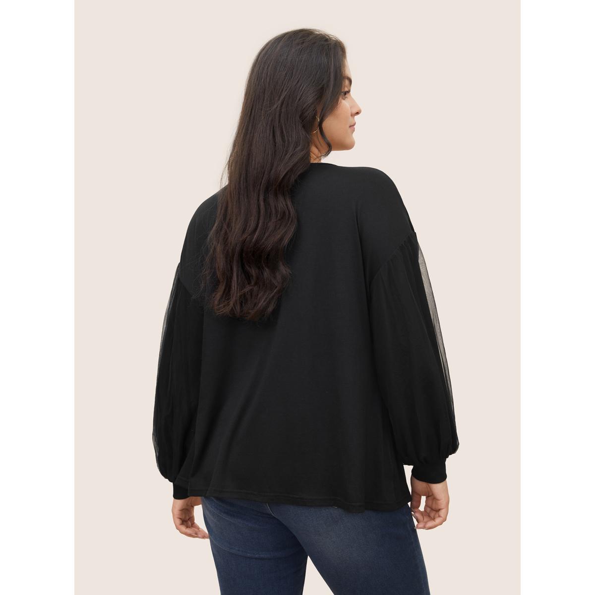 Plus Size Plain Tiered Mesh Patchwork T-shirt Black Women Elegant Non Plain V-neck Everyday T-shirts BloomChic 12/L Product Image