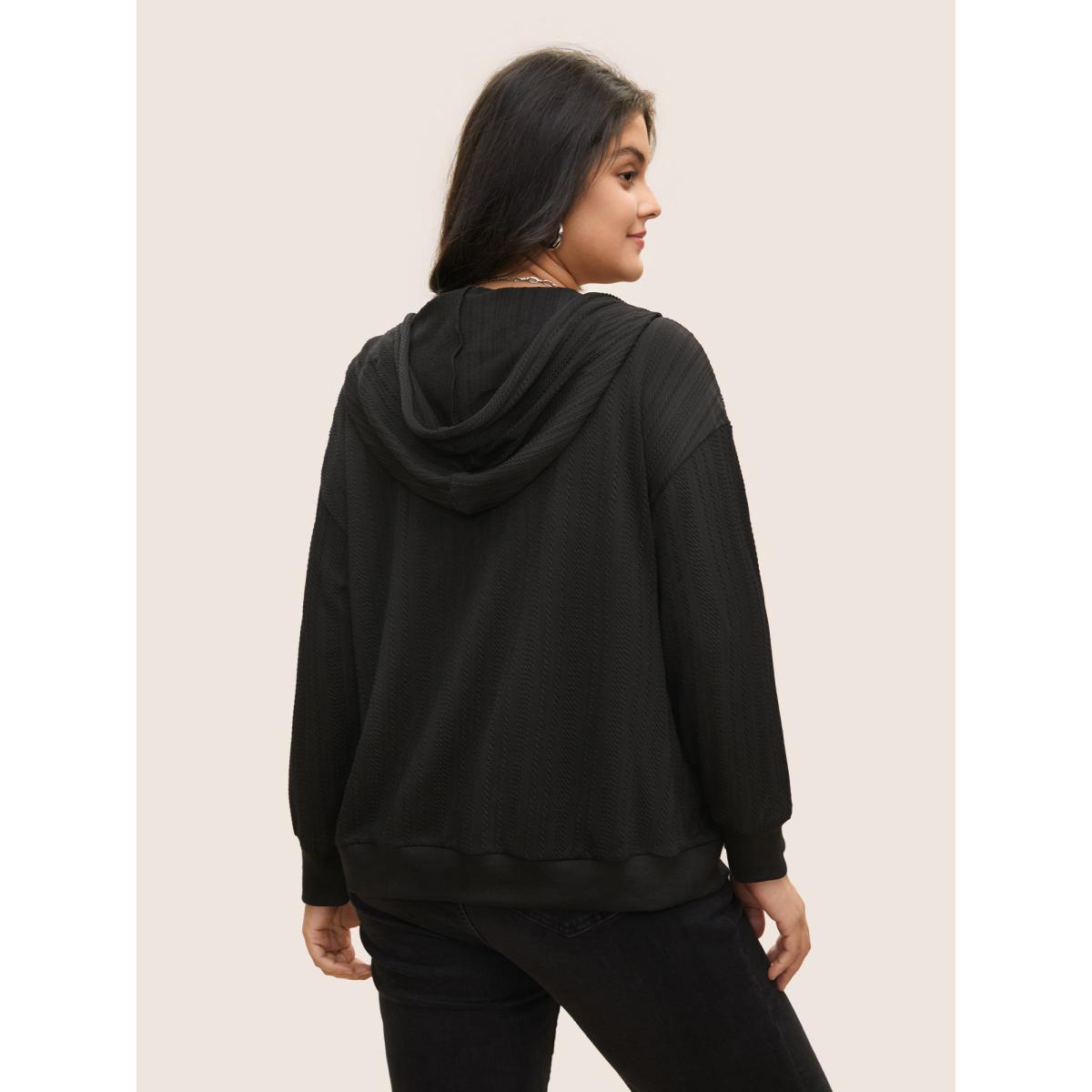 Plus Size Plisse Drawstring Hooded Flap Pocket Front Jacket Women Black Non Patch pocket Everyday Jackets BloomChic 28/5X Product Image