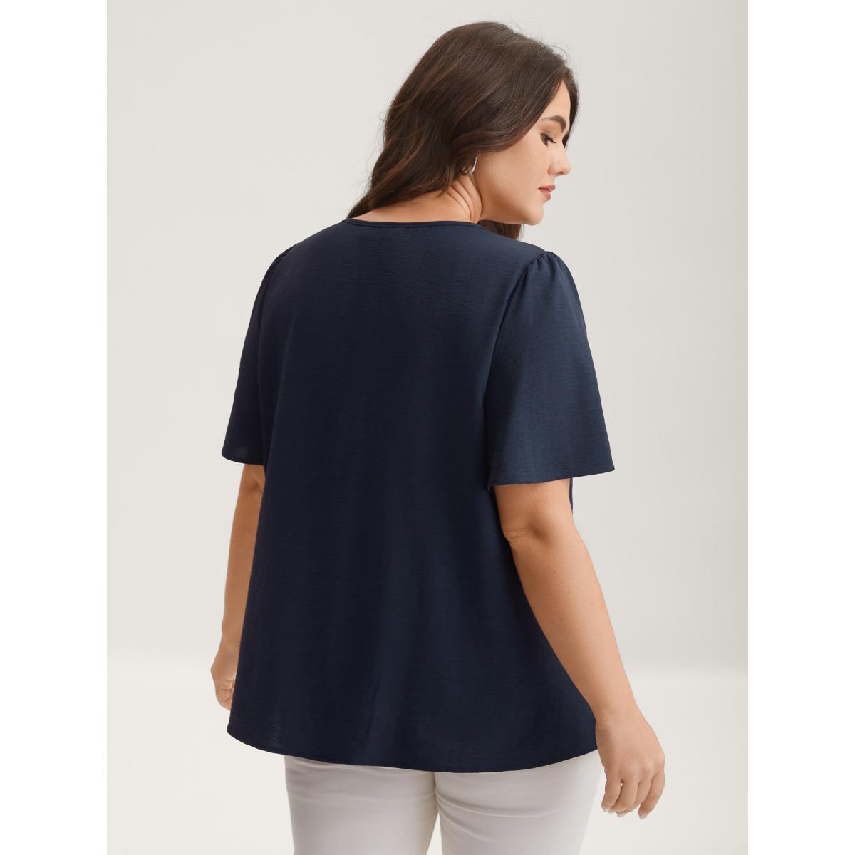 Plus Size Indigo Toothpick Pleated Neck Tie Solid Blouse Women Romantic Short sleeve Non Elegant Blouses BloomChic 12/L Product Image