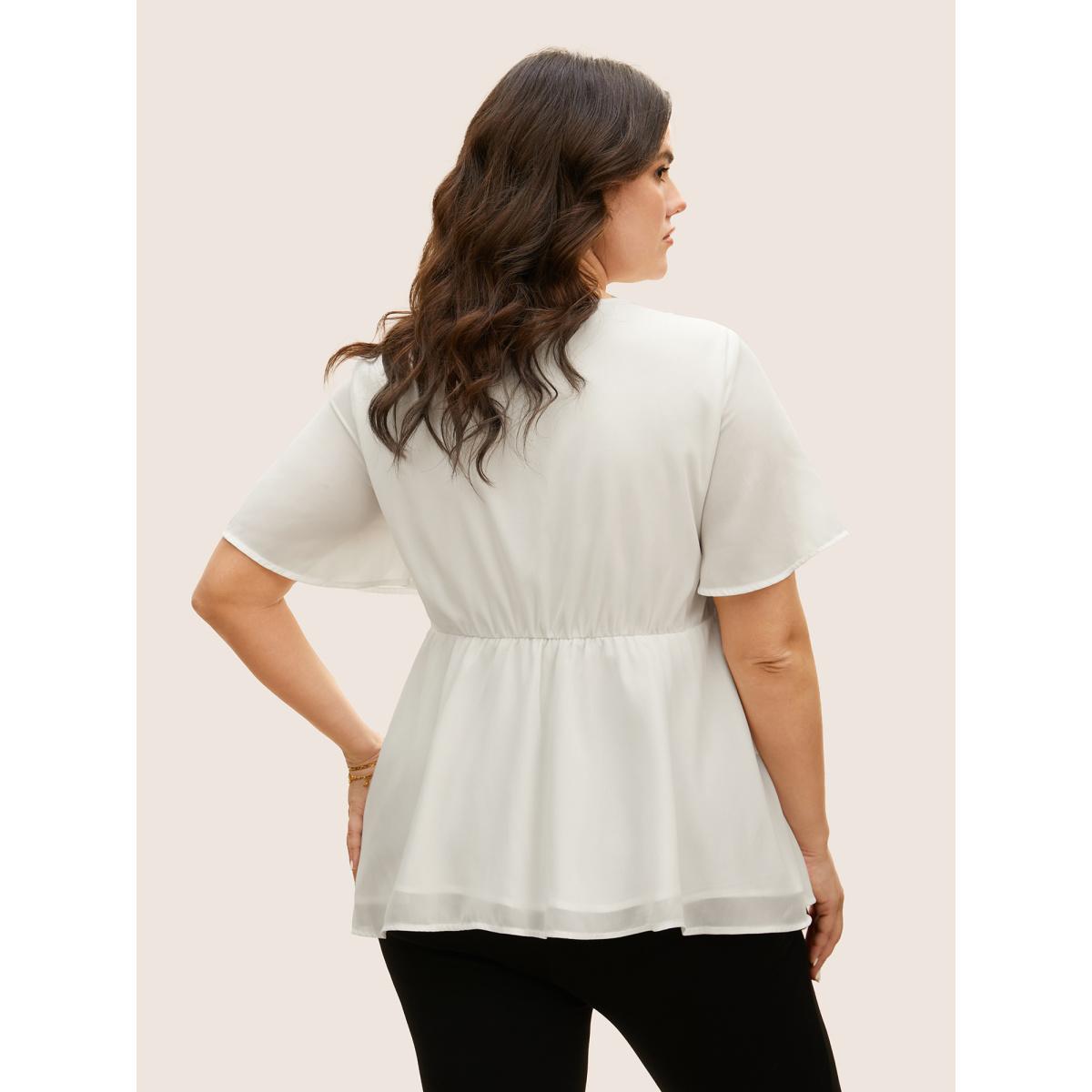 Plus Size Ivory Tiered Mesh Pleated Ruffle Sleeve Blouse Women At the Office Short sleeve Round Neck Work Blouses BloomChic 12/L Product Image