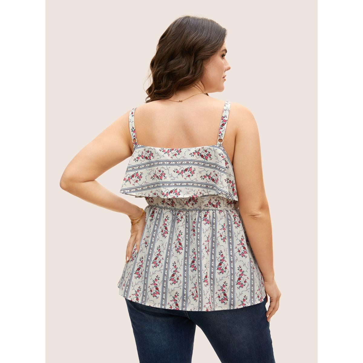 Plus Size Boho Print Ruffle Trim Elastic Waist Cami Top Women Originalwhite Elegant Contrast One-shoulder neck Everyday Tank Tops Camis BloomChic 26/4X Product Image