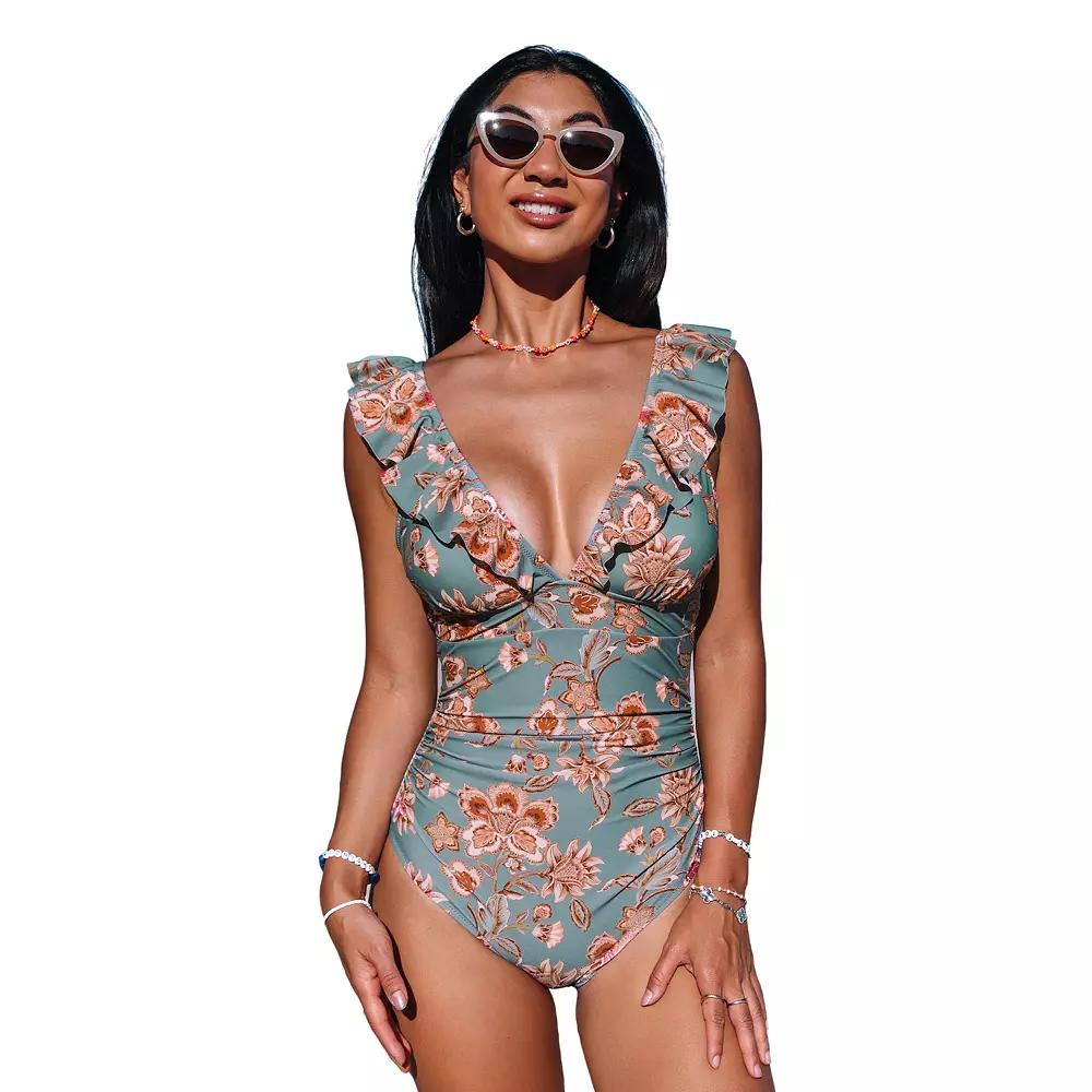 Women's Cupshe Floral Flutter Lace-Up Back One-Piece Swimsuit, Size: Small, Green Product Image