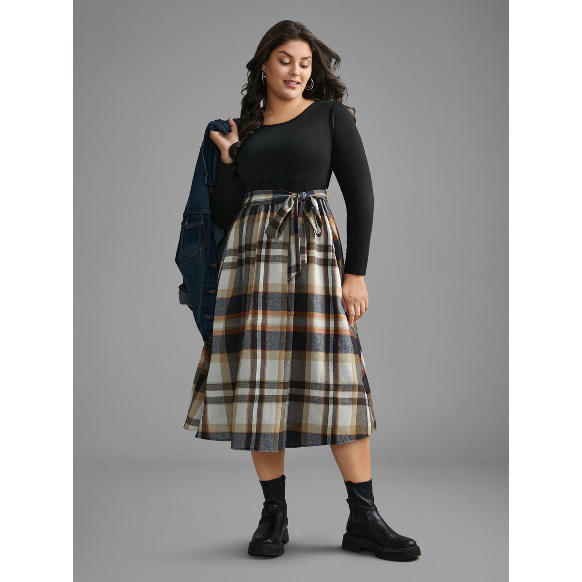 Plus Size Plaid Patchwork Elastic Waist Belted Dress Black Women Casual Belted Round Neck Long Sleeve Curvy BloomChic 12/L Product Image