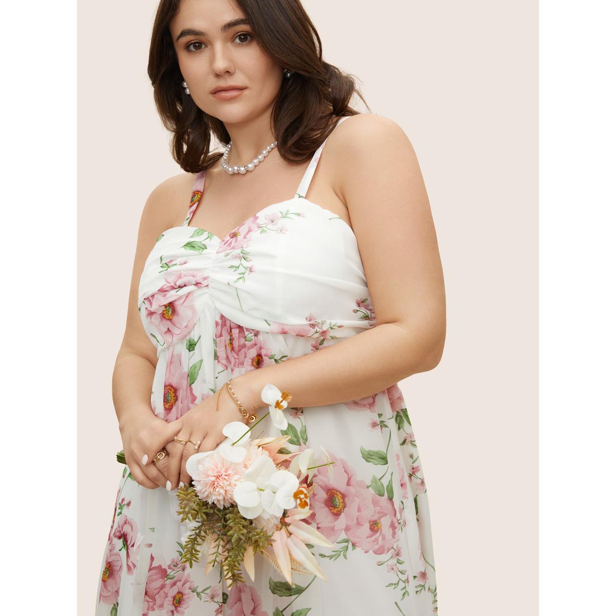 Plus Size Floral Mesh Ruched Adjustable Straps Dress Pink Women Formal Gathered Non Sleeveless Curvy BloomChic 14-16/1X Product Image