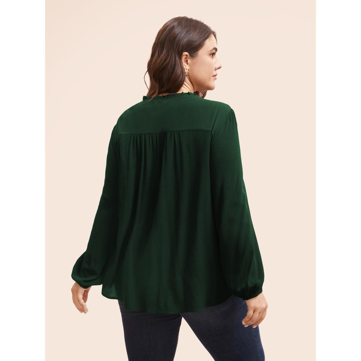 Plus Size DarkGreen Lace Patchwork Pleated Ruffles Blouse Women Timeless Long Sleeve V-neck Elegant Blouses BloomChic 12/L Product Image