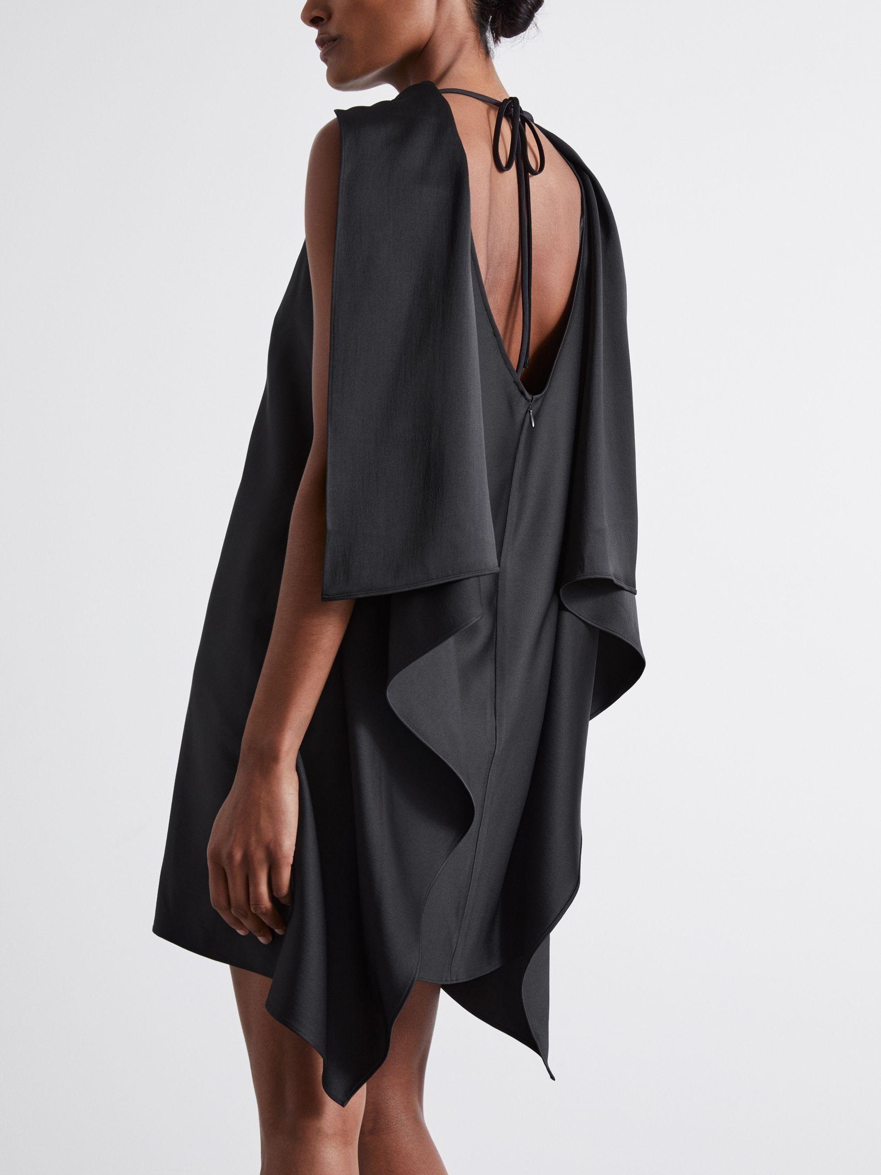 Atelier Asymmetric Satin Cape-Sleeve Mini Dress in Black Product Image