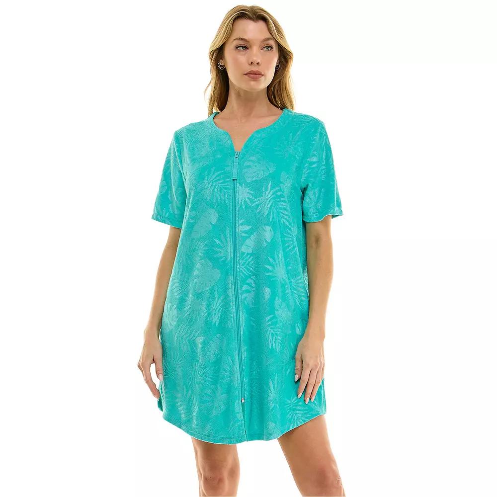 Women's Croft & Barrow® Embossed Honey Knit Terry Zip Robe, Size: Medium, Filli Palm Leaves Turquoise Product Image