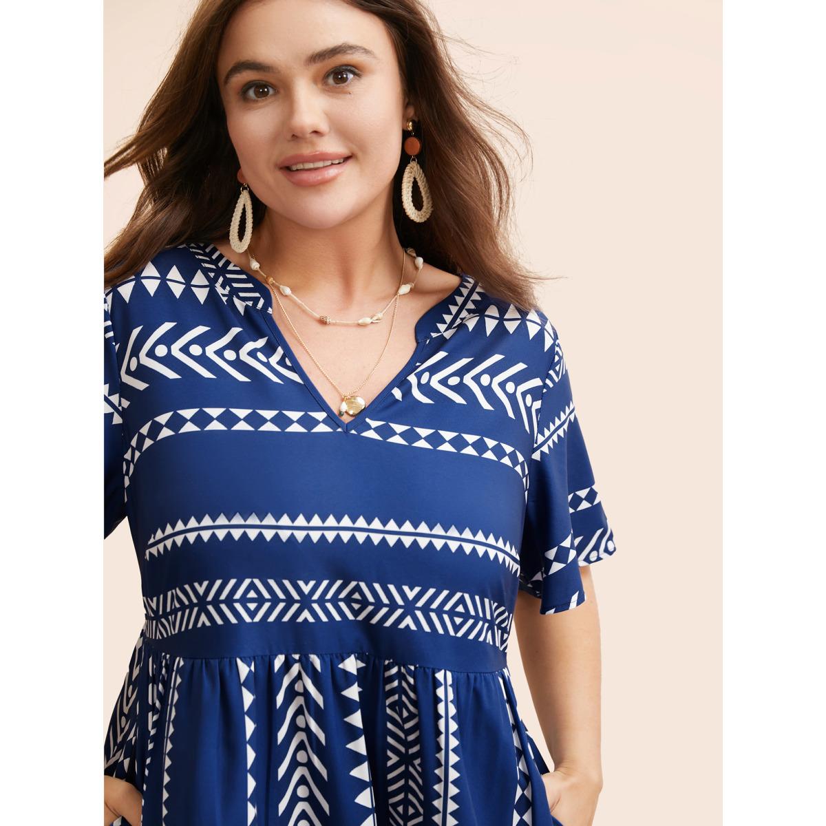Plus Size Bandana Geometric Ruffle Sleeve Babydoll Dress DarkBlue Women Vacation Notched collar Short sleeve Curvy Knee Dress BloomChic 30/6X Product Image