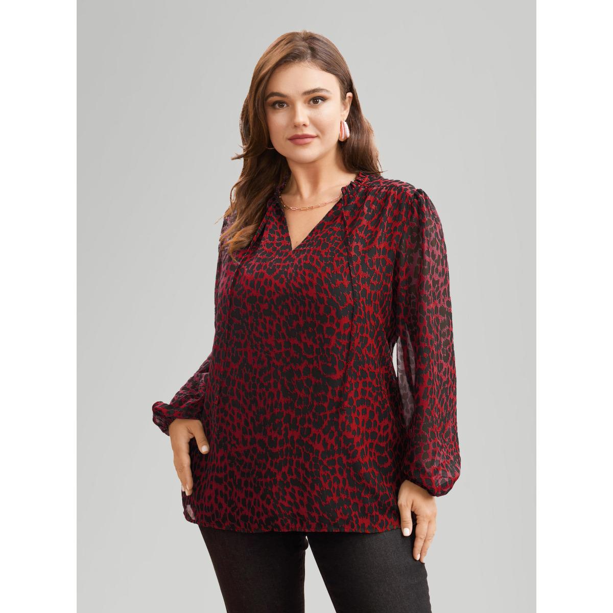 Plus Size Crimson Leopard Print Tie Knot Lantern Sleeve Blouse Women Romantic Long Sleeve V-neck Elegant Blouses BloomChic 14-16/1X Product Image