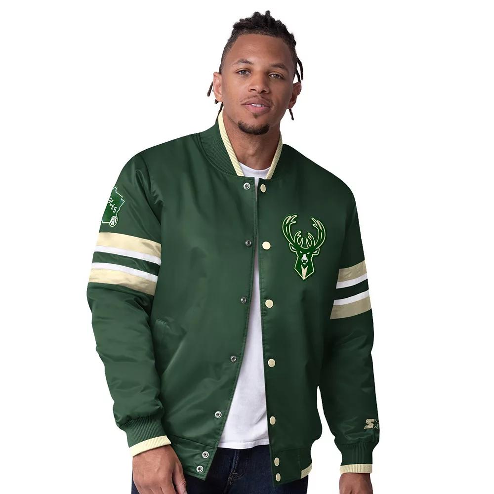 Men's Starter Hunter Green Milwaukee Bucks Scout Varsity Satin Full-Snap Jacket, Size: Large, Team Product Image