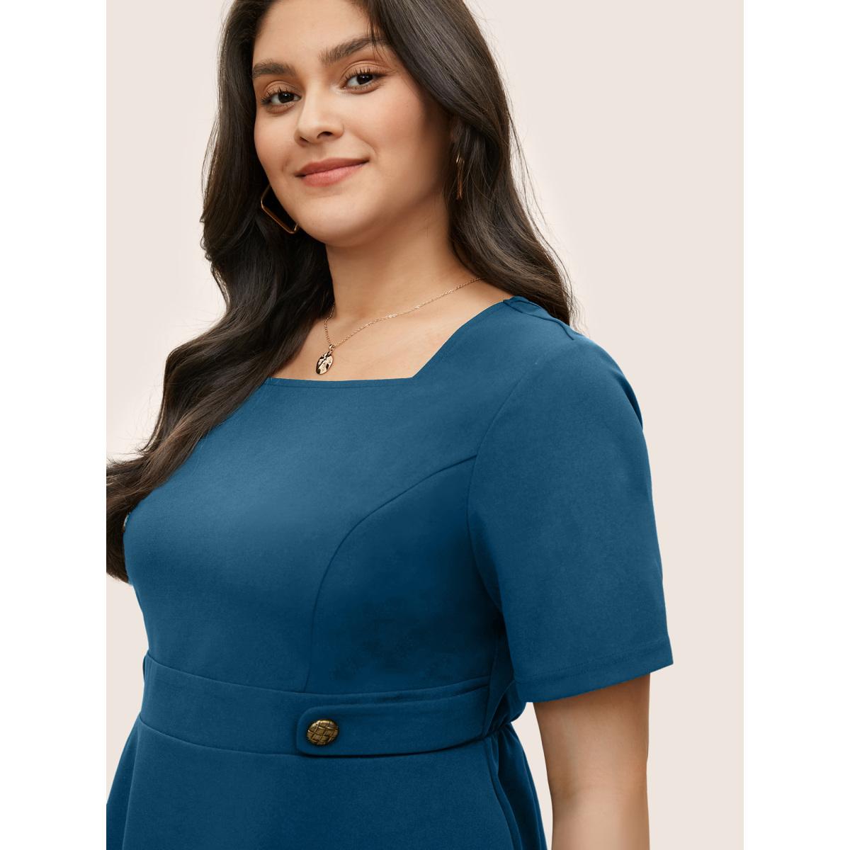 Plus Size Cerulean Square Neck Waist Tab Gathered Blouse Women Workwear Essentials Short sleeve Square Neck Work Blouses BloomChic 26/4X Product Image