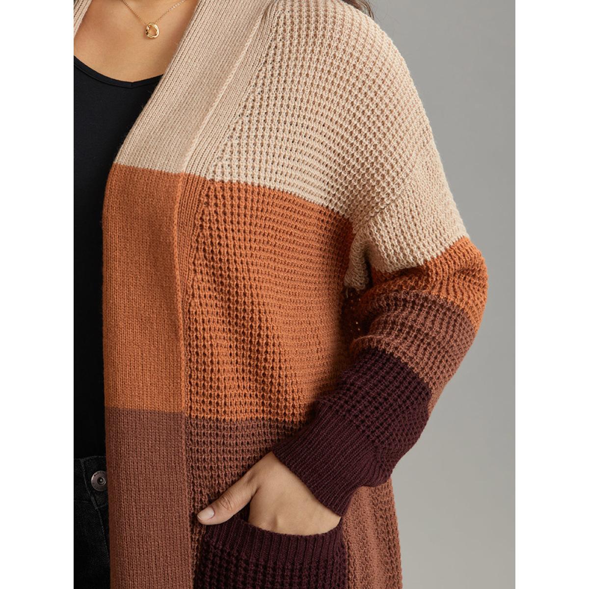 Plus Size Colorblock Contrast Pocket Open Front Cardigan Multicolor Women Casual Loose Long Sleeve Dailywear Cardigans BloomChic 12/L Product Image