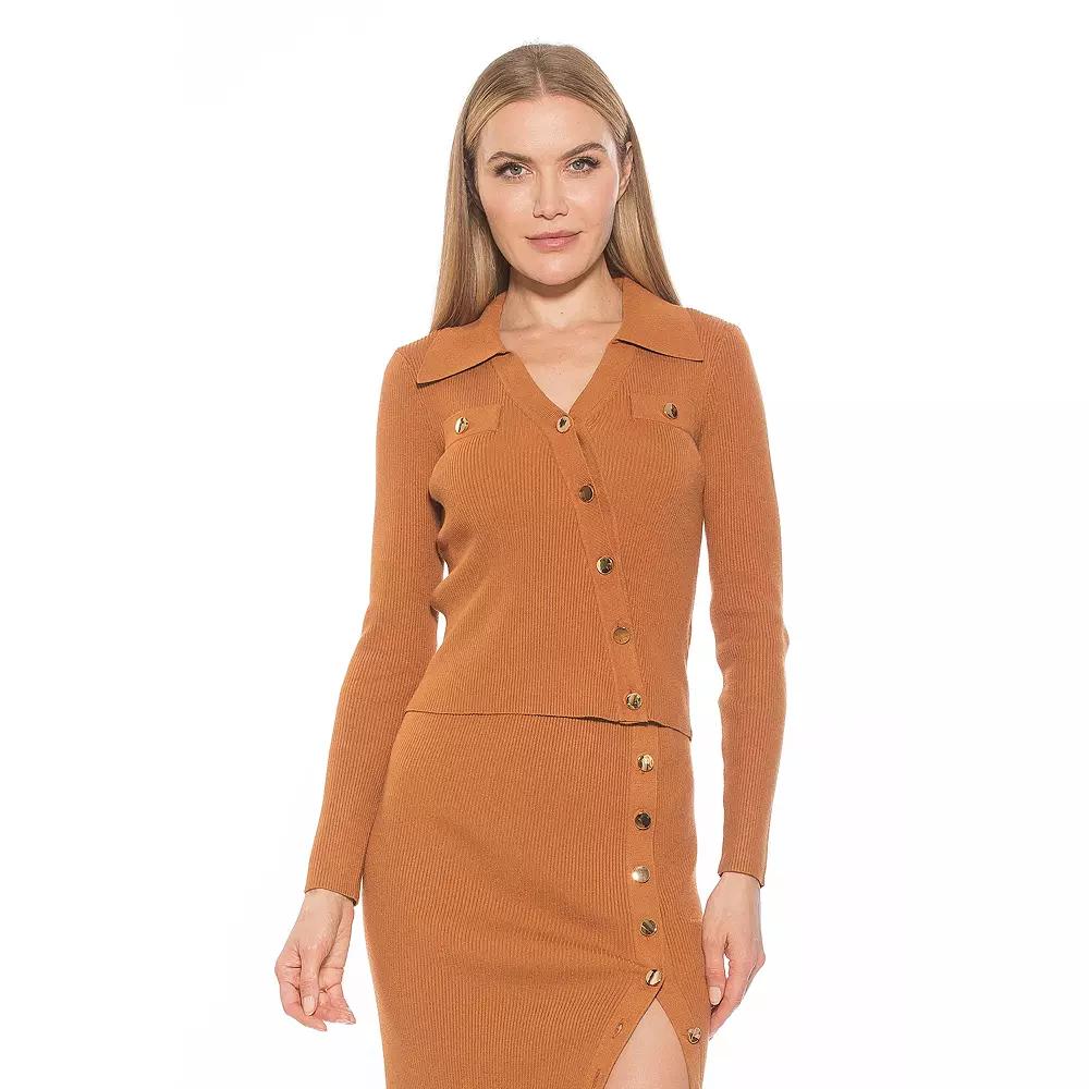 Women's ALEXIA ADMOR Sam Ribbed Knit Asymmetric Button Down Long Sleeve Top,  Product Image