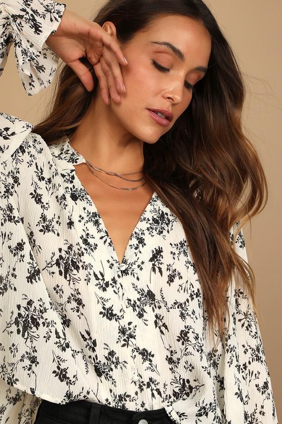 Keep Things Classy Beige Floral Print Button-Up Long Sleeve Top Product Image