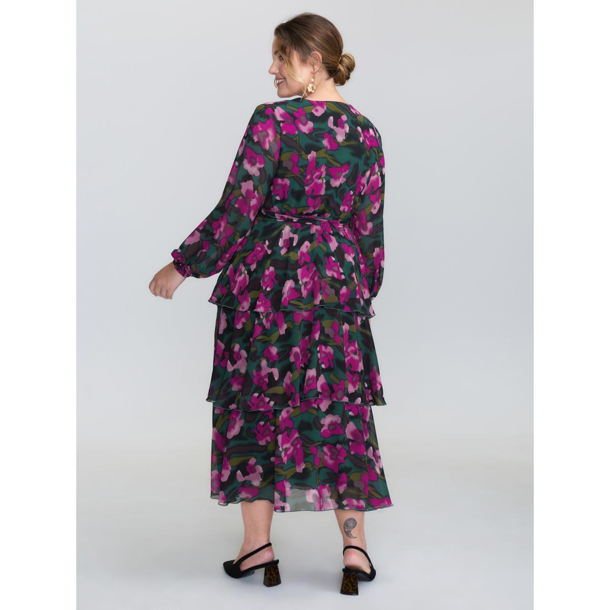 Plus Size Abstract Floral Print Layered Pockets Midi Dress Cyan Women Timeless Non Long Sleeve Curvy BloomChic 12/L Product Image