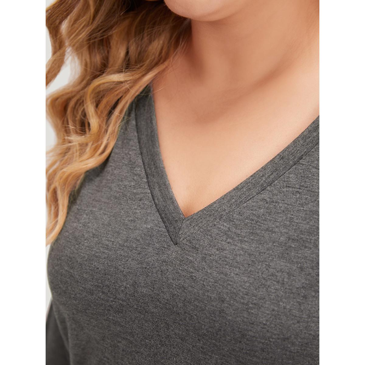 Plus Size Rhinestone Detail Hollow Out V Neck Long Sleeve T-shirt DimGray Women Casual Cut-Out Plain V-neck Dailywear T-shirts BloomChic 14-16/1X Product Image