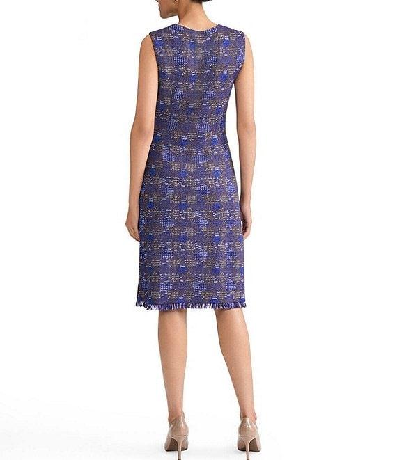 Ming Wang Tweed Scoop Neck Sleeveless Fringe Sheath Dress Product Image