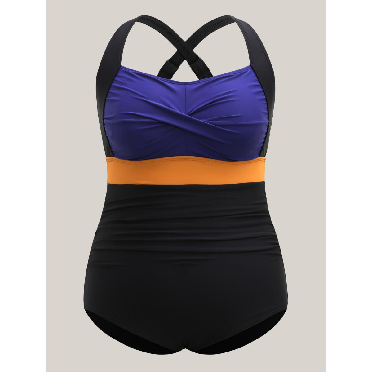 Plus Size Twisted Front Color Contrast One-Piece Swimsuit Women's Swimwear DarkBlue Beach Curve Bathing Suits High stretch One Pieces BloomChic 30/6X Product Image