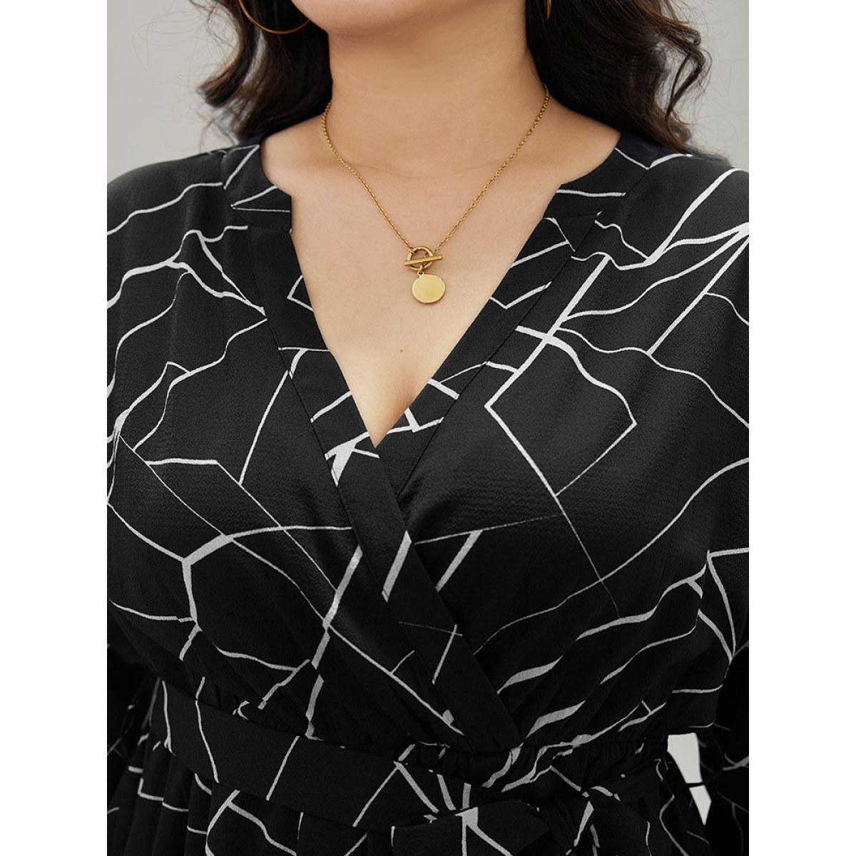 Plus Size Black Geometric Print Tab Sleeve Belted Wrap Blouse Women Office Long Sleeve V-neck Office Blouses BloomChic 30/6X Product Image