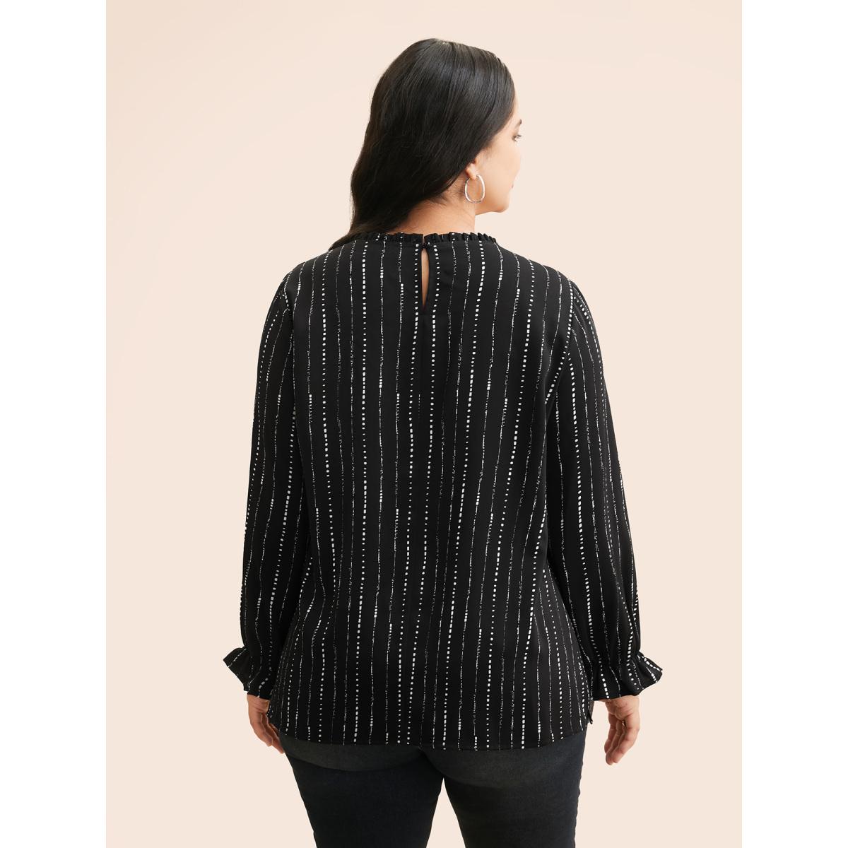 Plus Size Black Striped Lantern Sleeve Ruffles Blouse Women At the Office Long Sleeve Stand-up collar Work Blouses BloomChic 26/4X Product Image