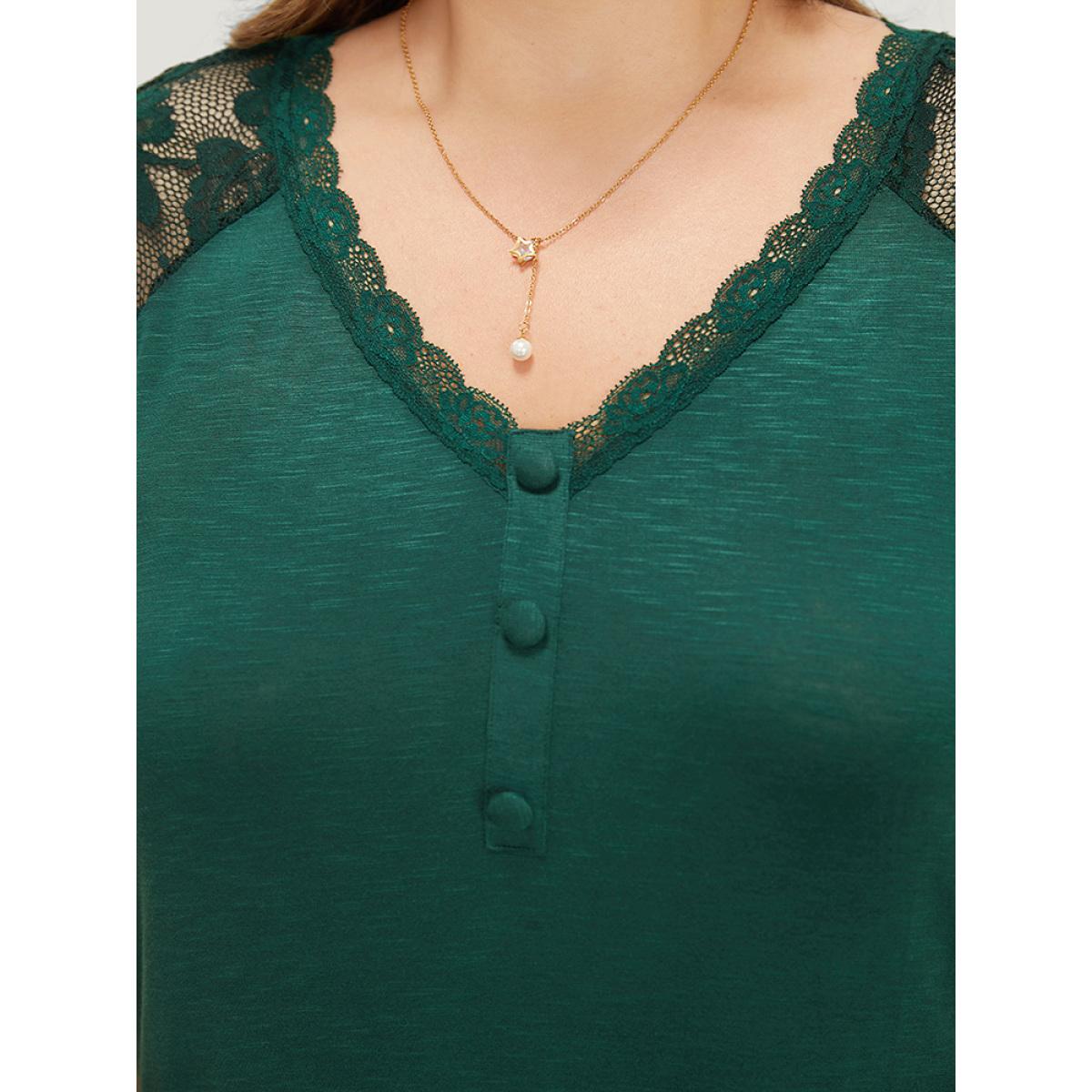 Plus Size Plain Button Detail Lace Heather T-shirt DarkGreen Women Elegant Heather Plain V-neck Dailywear T-shirts BloomChic 10/M Product Image