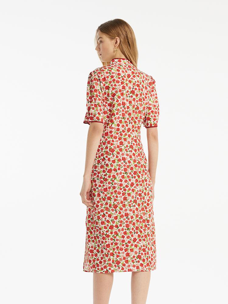 Red Rose Print Cheongsam Women Qipao Midi Dress Product Image