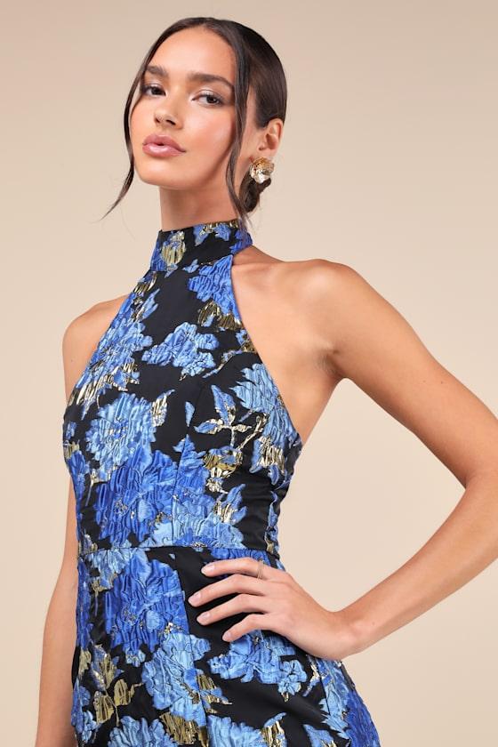 Extraordinary Impression Black Floral Jacquard Halter Mini Dress Product Image