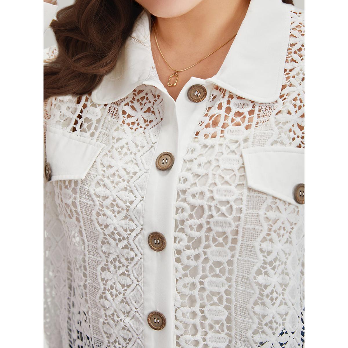 Plus Size Plain Cut Out Lace Patchwork Button Through Jacket Women White Casual Patchwork Ladies Dailywear Winter Coats BloomChic 10/M Product Image