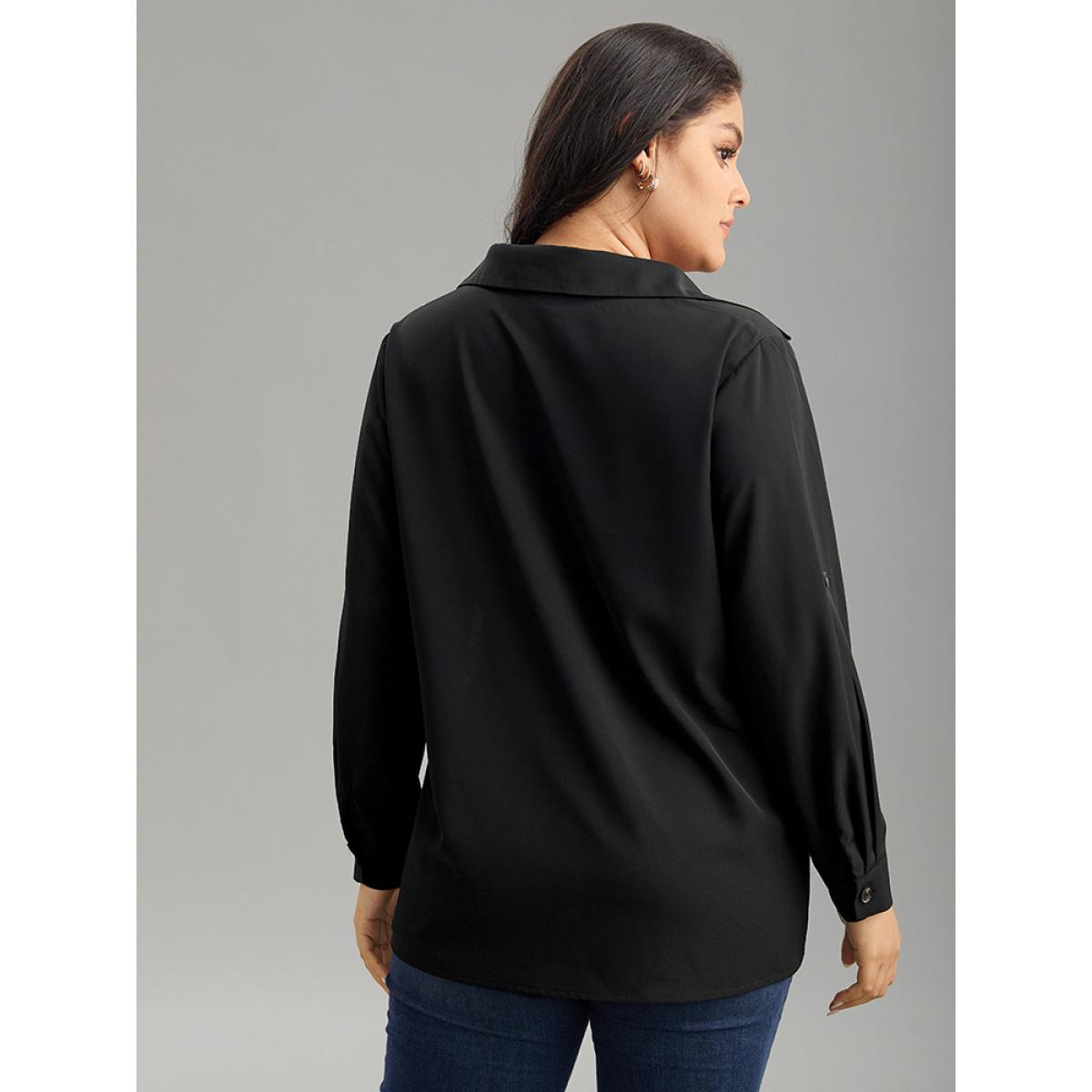 Plus Size Black Silhouette Floral Print Twill Shirt Collar Contrast Blouse Women Office Long Sleeve Shirt collar Work Blouses BloomChic 12/L Product Image