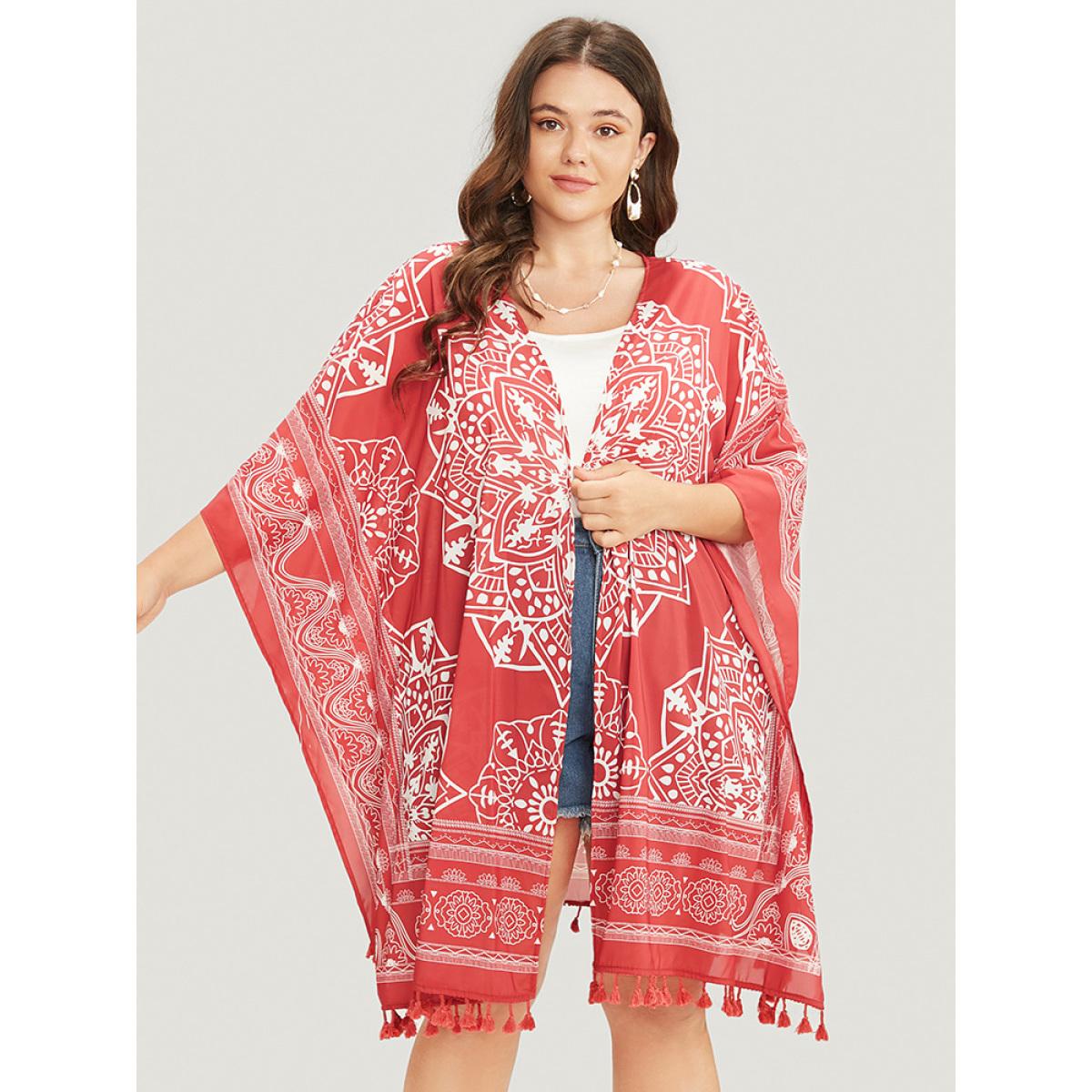 Plus Size Bandana Print Tassels Hem Open Front Kimono Women Rust Vacation Printed Oversized Dailywear Kimonos BloomChic 28/5X Product Image
