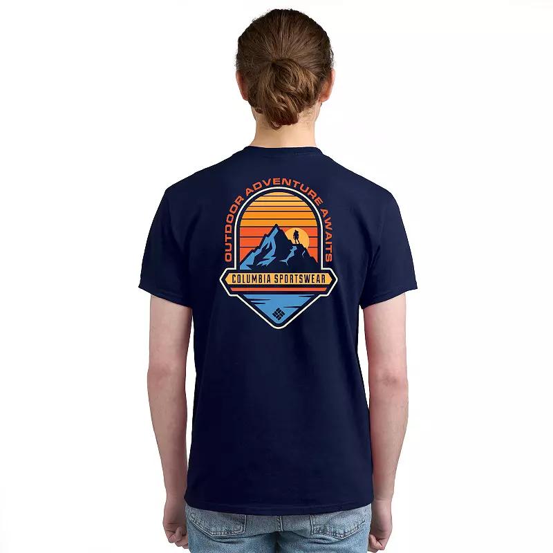 Mens Columbia Adventure Print Short Sleeve Graphic Tee Blue Hiker Product Image