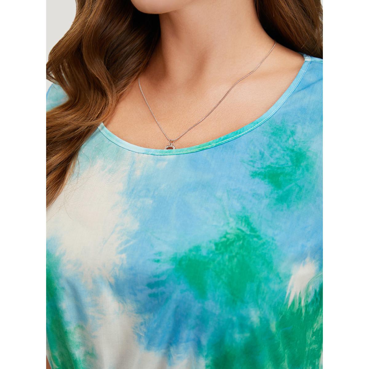 Plus Size Tie Dye Crew Neck Pocket Ruffle Tiered Dress Multicolor Women Vacation Tiered Round Neck Short sleeve Curvy Knee Dress BloomChic 14-16/1X Product Image