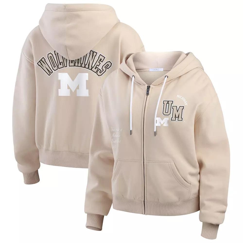 Women's WEAR by Erin Andrews Tan Michigan Wolverines Mixed Media Tonal Full-Zip Hoodie,  Product Image