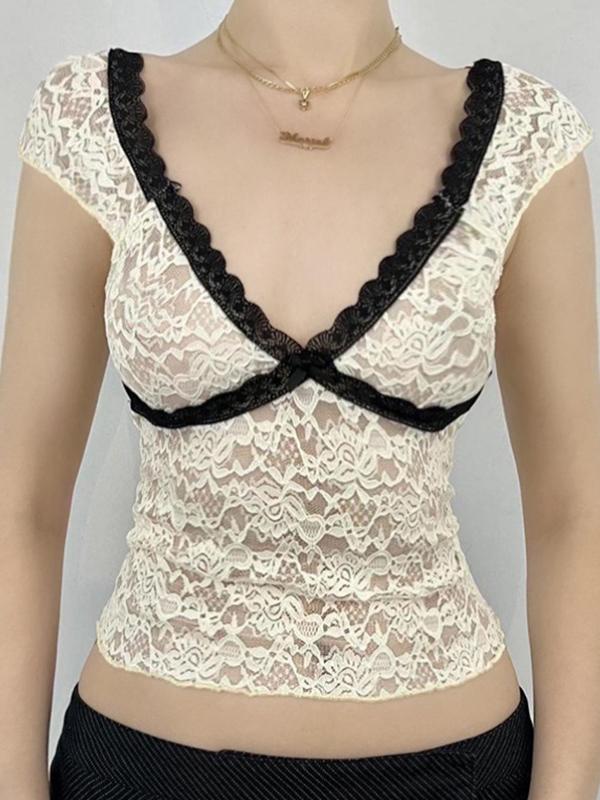 V Neck Short Sleeve Tee with Colour Block Lace Product Image