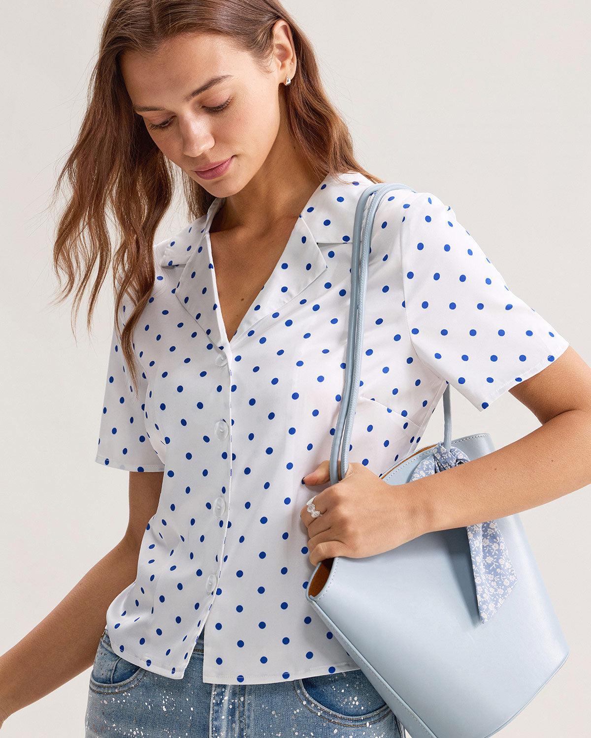 Blue Polka Dot Button Blouse Product Image