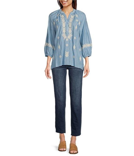 Calessa Embroidered Split V-Neck Bubble Sleeve Tunic Product Image