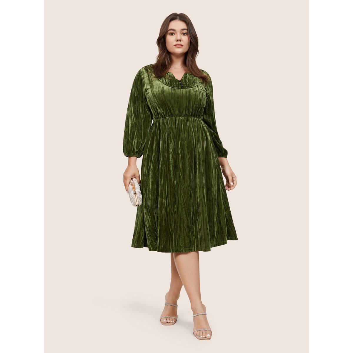Plus Size Velvet Button Detail Notched Elastic Waist Dress ArmyGreen Women Elegant Velvet Notched collar Long Sleeve Curvy Midi Dress BloomChic 12/L Product Image