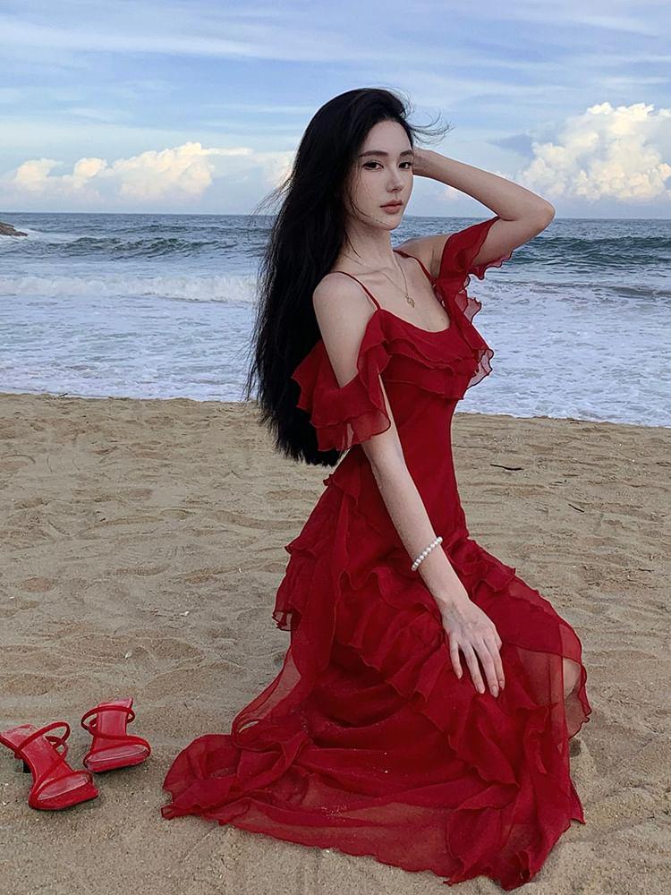 Sleeveless Scoop Neck Plain Ruffle Trim Slit Maxi Sheath Dress Product Image