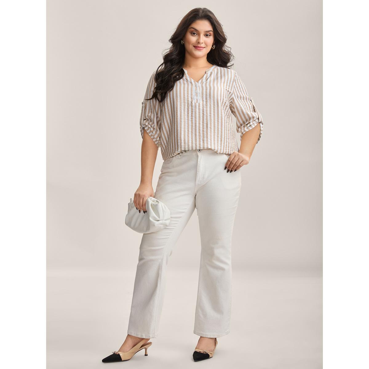 Plus Size Apricot Stripe Print Tab Sleeve Notched Collar Blouse Women Elbow-length sleeve Notched collar Work Blouses BloomChic 28/5X Product Image