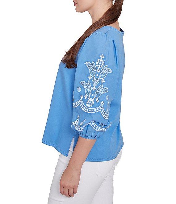 Ruby Rd. Crew Neck 3/4 Embroidery Puff Sleeve Side Slit Knit Top Product Image