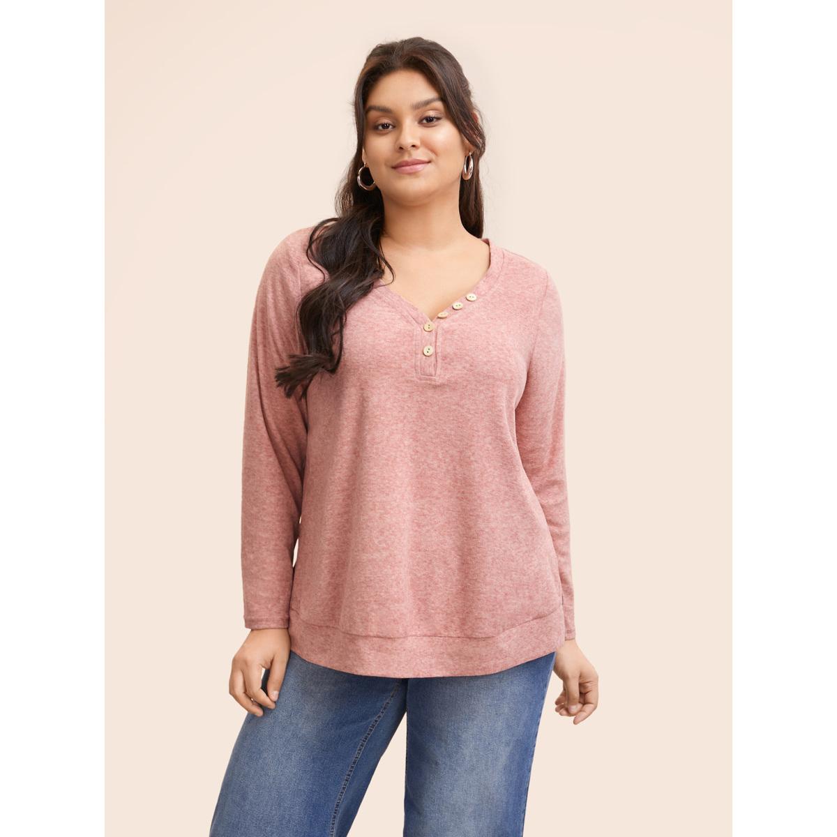 Plus Size V Neck Button Detail Split Hem T-shirt Beanpastepowder Women Casual Button V-neck Everyday T-shirts BloomChic 10/M Product Image