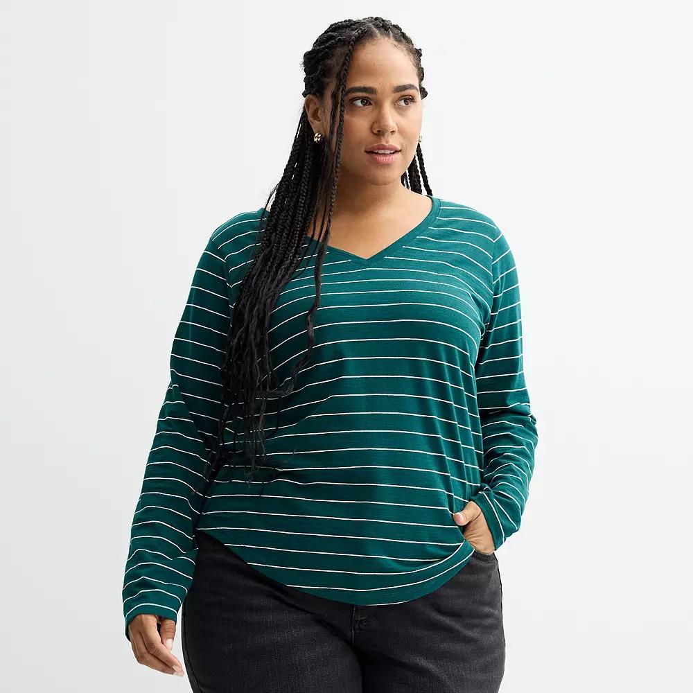 Plus Size Sonoma Goods For Life® Everyday Long Sleeve V-Neck Tee, Women's, Size: 0X, Pine White Stripe Product Image