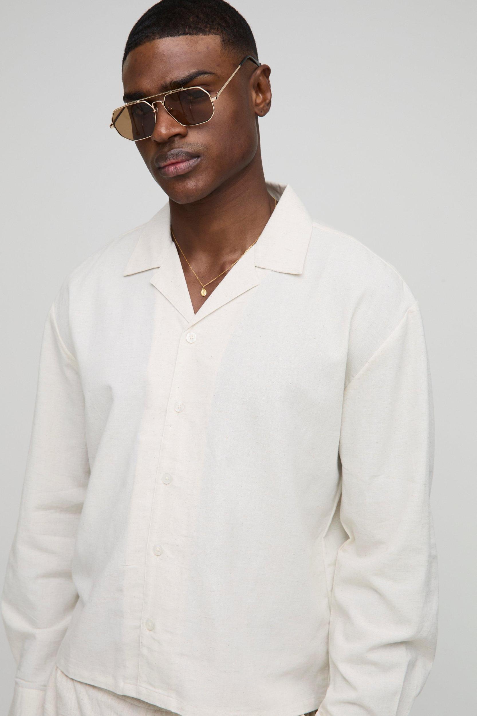 Oversized Boxy Drop Revere Linen Blend Shirt | boohooMAN USA Product Image