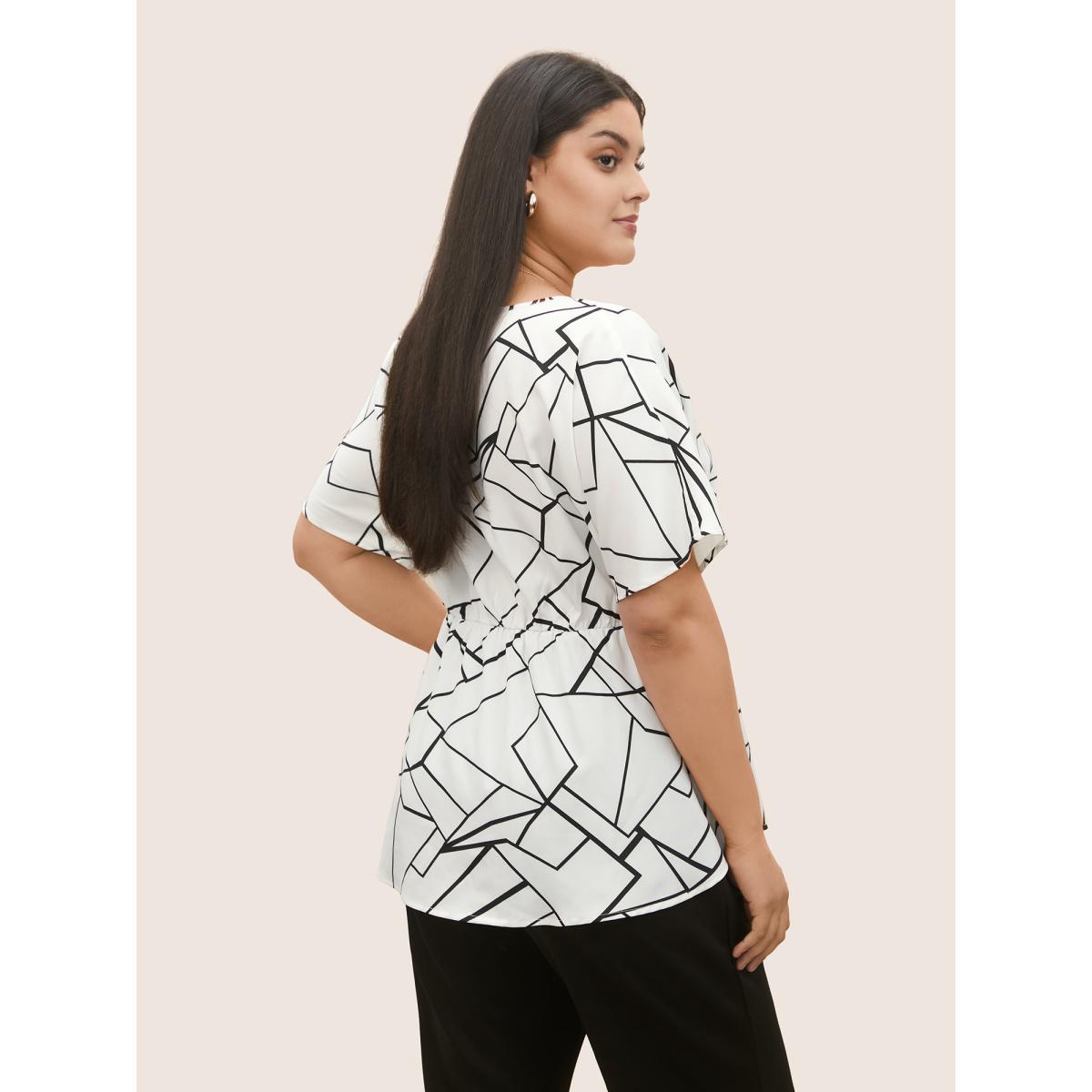 Plus Size Ivory Geometric Overlap Collar Ruffle Sleeve Blouse Women At the Office Short sleeve Overlap Collar Work Blouses BloomChic 12/L Product Image